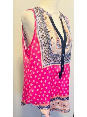Boho Sleeveless Pink Split-Neck Top in Bright Pink floral and Aztek Print